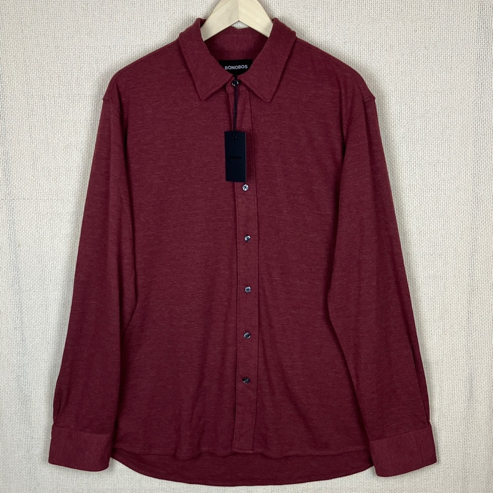 BONOBOS Wool Blend Waffle Stretch Knit Button-Down Shirt Heather Burgundy NWT